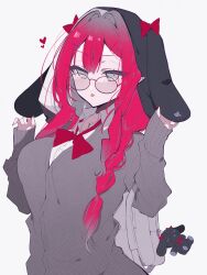 1girl backpack bag baobhan_sith_(fate) black_hat blush breasts fate/grand_order fate_(series) grey_eyes grey_sweater hands_up hat hat_with_ears highres i10_ksw long_hair looking_at_viewer necktie pink_hair pointy_ears red_nails red_necktie round_eyewear school_uniform sidelocks solo sweater tongue tongue_out white_background