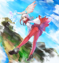 Rule 34 | 10s, 1girl, ass, blunt bangs, blush, breasts, cloud, day, flying, fur trim, gradient hair, head wings, japanese crested ibis (kemono friends), kemono friends, kneepits, loafers, long hair, looking at viewer, mhg (hellma), mountain, multicolored hair, outdoors, pantyhose, pleated skirt, red hair, red pantyhose, shoes, skirt, sleeves past wrists, solo, two-tone hair, white hair, wings, yellow eyes