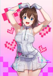 Rule 34 | 1girl, arms up, belt, blue eyes, brown hair, collarbone, commentary, cowboy shot, dress, earrings, english commentary, gloves, hands on own head, heart, heart arms, high ponytail, highres, idol, idolmaster, idolmaster million live!, idolmaster million live! theater days, jewelry, kamille (vcx68), legs together, looking at viewer, medium hair, open mouth, pleated dress, ponytail, revision, satake minako, short dress, sleeveless, sleeveless dress, smile, solo, standing, white belt, white dress, white gloves