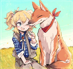 Rule 34 | 1girl, absurdres, animal, animal ears, blonde hair, blue eyes, blue sky, bow, bowtie, calenda (kemono friends), dog, dog ears, dog tail, freckles, highres, jacket, kanmoku-san, kemono friends, kemono friends 3, one eye closed, pantyhose, ribbon, scarf, shirt, short hair, short twintails, skirt, sky, smile, tail, twintails
