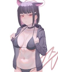 Rule 34 | 1girl, animal ears, bikini, black bikini, black choker, black hair, black jacket, blue archive, blush, breasts, choker, collarbone, commentary, extra ears, hair ornament, hairclip, halo, highres, jacket, kazusa (blue archive), kkujim, kkujim, large breasts, looking at viewer, navel, open clothes, open jacket, pink halo, red eyes, short hair, simple background, solo, swimsuit, track jacket, white background