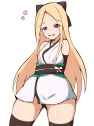 Rule 34 | 1girl, :d, abigail williams (fate), absurdres, arms behind back, bare shoulders, black bow, black panties, black thighhighs, blonde hair, blue eyes, blush, bow, breasts, commentary request, cosplay, cowboy shot, fate/grand order, fate (series), forehead, gluteal fold, hair bow, head tilt, highres, japanese clothes, kimono, koha-ace, long hair, looking at viewer, medium breasts, mitchi, obi, okita souji (fate), okita souji (koha-ace), okita souji (koha-ace) (cosplay), open mouth, panties, parted bangs, sash, shiny skin, short kimono, simple background, skindentation, sleeveless, sleeveless kimono, smile, solo, thighhighs, underwear, very long hair, white background, white kimono