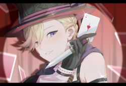 Rule 34 | 1boy, alternate hair color, bare shoulders, between fingers, black border, black gloves, black hat, blonde hair, blush, border, bow, braid, cape, card, curtains, detached sleeves, genshin impact, gloves, hair over one eye, hand up, hat, hat bow, highres, holding, holding card, holding knife, knife, light, long sleeves, looking at viewer, lyney (genshin impact), male focus, multicolored hair, pink hair, playing card, poi poifu, puffy detached sleeves, puffy long sleeves, puffy sleeves, purple bow, purple cape, purple eyes, shadow, shirt, short hair, smile, solo, sparkle, striped, striped bow, teardrop facial mark, teeth, top hat, two-tone gloves, two-tone hair, upper body, white gloves, white shirt