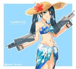 Rule 34 | 10s, 1girl, :q, bikini, bikini top only, black hair, blue background, blue eyes, blush, dual wielding, floral print, flower, hat, hat flower, holding, isuzu (kancolle), kantai collection, long hair, looking at viewer, navel, sarong, single-shoulder bikini, solo, sun hat, swimsuit, tongue, tongue out, twintails, twitter username, yamashichi (mtseven)