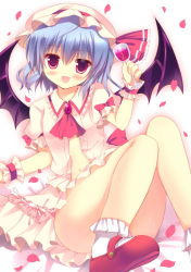 Rule 34 | 1girl, ascot, azumi kazuki, bat wings, blue hair, blush, brooch, cup, dress, drinking glass, fang, female focus, hat, hat ribbon, jewelry, looking at viewer, midriff, navel, open clothes, open dress, open mouth, petals, pink dress, pink eyes, puffy sleeves, remilia scarlet, ribbon, short hair, short sleeves, sitting, smile, solo, touhou, wine glass, wings, wrist cuffs