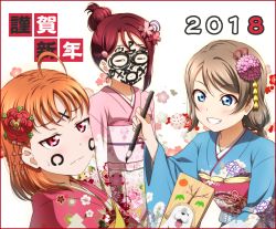 Rule 34 | 2018, 3girls, :d, = =, ahoge, anibache, asymmetrical bangs, blue eyes, blue kimono, blush, border, brown hair, calligraphy brush, closed mouth, drawing on another&#039;s face, expressionless, facepaint, floral print, flower, frown, grin, hagoita, hair flower, hair ornament, hairclip, hanetsuki, holding, holding brush, ink, japanese clothes, kimono, light frown, long sleeves, looking to the side, love live!, love live! sunshine!!, low ponytail, multiple girls, obi, open mouth, orange hair, paddle, paintbrush, pink kimono, print kimono, raised eyebrows, red border, red eyes, red flower, red hair, red kimono, sakurauchi riko, sash, short hair, simple background, smile, sweatdrop, swept bangs, takami chika, teeth, translation request, upper body, watanabe you, wavy mouth, white background, wide sleeves, yukata