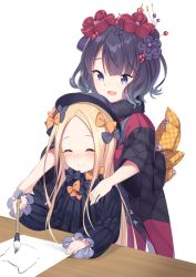 Rule 34 | 2girls, :d, ^ ^, abigail williams (fate), black bow, black dress, black hat, black kimono, blonde hair, blue eyes, blush, bow, calligraphy brush, closed eyes, closed mouth, commentary request, drawing, dress, facing viewer, fate/grand order, fate (series), fingernails, forehead, hair bow, hair ornament, hat, highres, holding, holding paintbrush, japanese clothes, katsushika hokusai (fate), kimono, long hair, long sleeves, multiple girls, open mouth, orange bow, paintbrush, parted bangs, polka dot, polka dot bow, purple hair, smile, table, thiana0225, very long hair, white background, wide sleeves