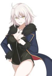 Rule 34 | 1girl, absurdres, ahoge, black dress, blue coat, breasts, celite, cleavage, coat, commentary request, cowboy shot, dress, fate/grand order, fate (series), fur-trimmed coat, fur collar, fur trim, grimace, highres, jeanne d&#039;arc (fate), jeanne d&#039;arc alter (fate), jeanne d&#039;arc alter (ver. shinjuku 1999) (fate), jewelry, large breasts, necklace, official alternate costume, short hair, silver hair, tsurime, white background, wicked dragon witch ver. shinjuku 1999, yellow eyes, zipper pull tab
