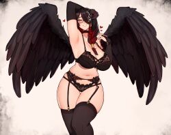 Rule 34 | 1girl, arm up, armpits, black hair, bra, braid, breasts, bridal gauntlets, commentary, elbow gloves, english commentary, feathered wings, fortissimo, glasses, gloves, hair ornament, heart, highres, hololive, hololive english, horns, lace, lace-trimmed bra, lace trim, large breasts, lingerie, looking at viewer, mamarissa ravencroft, mature female, mole, mole on breast, mole on thigh, multicolored hair, musical note, musical note hair ornament, navel, paid reward available, red hair, simple background, smile, solo, thighhighs, two-tone hair, underwear, variant set, varniskarnis, virtual youtuber, white background, wings