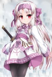 Rule 34 | 1girl, ainu clothes, black pantyhose, blush, bow, closed mouth, commentary request, cowboy shot, fate/grand order, fate (series), hair bow, hairband, illyasviel von einzbern, light brown hair, long hair, long sleeves, pantyhose, parted bangs, purple bow, purple hairband, red eyes, sitonai (fate), sleeves past wrists, smile, solo, standing, sword, uumaru, v-shaped eyebrows, very long hair, weapon, wide sleeves