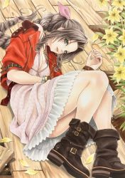 Rule 34 | 1girl, aerith gainsborough, bangle, boots, bracelet, braid, braided ponytail, breasts, brown footwear, brown hair, choker, church, cleavage, cropped jacket, dress, final fantasy, final fantasy vii, final fantasy vii remake, flower, flower bed, flower choker, full body, green eyes, hair ribbon, highres, jacket, jacket partially removed, jewelry, jiimusume, lily (flower), long dress, long hair, looking at viewer, lying, medium breasts, on side, parted bangs, parted lips, pink dress, pink ribbon, red jacket, ribbon, short sleeves, sidelocks, single bare shoulder, solo, square enix, thighs, traditional media, wavy hair, wooden floor, yellow flower
