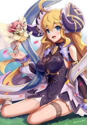 Rule 34 | 2girls, bare shoulders, blonde hair, blue eyes, breasts, cleavage, cygames, dragalia lost, fake horns, gonzarez, hair ornament, highres, holding, horned headwear, horns, jewelry, long hair, looking at viewer, multiple girls, nintendo, notte (dragalia lost), open mouth, ring, smile, zethia