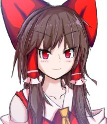 Rule 34 | 1girl, ascot, bad id, bad twitter id, blush, bow, brown hair, close-up, cookie (touhou), detached sleeves, hair bow, hair ribbon, hair tubes, hakurei reimu, long hair, looking at viewer, nnns, red eyes, reu (cookie), ribbon, simple background, smile, solo, touhou, white background