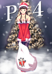 Rule 34 | 1girl, amagi yukiko, atlus, bad id, bad pixiv id, bag, bare shoulders, black eyes, black hair, blurry, breasts squeezed together, breasts, christmas, christmas tree, cleavage, collarbone, depth of field, dress, elbow gloves, gloves, hairband, hat, highres, kouzuke2923, kuma (persona 4), long hair, pantyhose, persona, persona 4, red gloves, santa costume, santa hat, small breasts, smile, snow, solo