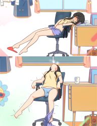 Rule 34 | 1girl, absurdres, bag, barefoot, black hair, blue panties, blush, chair, closed eyes, clothes lift, collarbone, cup, female masturbation, female orgasm, female pubic hair, fingering, grabbing own breast, he niunai, head back, heavy breathing, highres, inoue takina, long hair, lycoris recoil, lying, masturbation, mug, navel, office chair, on chair, orgasm, panties, pubic hair, purple shorts, pussy juice stain, school bag, see-through, sex toy, shirt, shirt lift, shoe dangle, shoes, short shorts, shorts, shorts around one leg, single shoe, sitting, slippers, swivel chair, table, toe scrunch, tongue, tongue out, trembling, underwear, vibrator, vibrator under clothes, vibrator under panties, window, yellow shirt