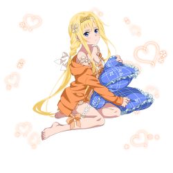 Rule 34 | 1girl, alice zuberg, barefoot, blonde hair, blue eyes, blush, bow, braid, braided ponytail, breasts, cardigan, cleavage, collarbone, feet, frilled pillow, frills, full body, hair between eyes, hair intakes, hairband, heart, highres, hooded cardigan, long hair, looking at viewer, medium breasts, official art, open cardigan, open clothes, orange bow, pillow, single braid, solo, sword art online, sword art online: alicization, thigh strap, toes, transparent background, very long hair