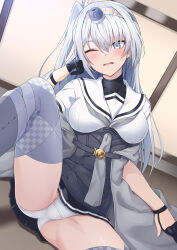 Rule 34 | 1girl, ass, black gloves, black skirt, blush, clothes writing, commission, fuyutsuki (kancolle), gloves, grey eyes, grey hair, grey neckerchief, grey thighhighs, hachimaki, hair between eyes, headband, highres, kanden sky, kantai collection, long hair, neckerchief, one eye closed, one side up, open mouth, paid reward available, panties, pixiv commission, pleated skirt, sailor collar, school uniform, serafuku, short sleeves, skirt, solo, thighhighs, thighs, underwear, white headband, white panties, white sailor collar