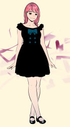 Rule 34 | 1girl, arms at sides, black dress, black eyes, black footwear, blue bow, bow, crossed ankles, dress, full body, long hair, original, pink hair, shiohara shin&#039;ichi, short sleeves, simple background, smile, standing, white background