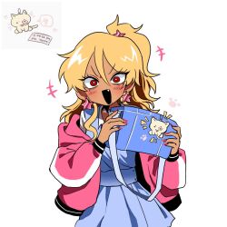 Rule 34 | 1girl, bag, blonde hair, blue bag, blue dress, blush, commentary request, copyright request, dress, earrings, enfrl 0725, highres, holding, holding bag, jacket, jewelry, korean commentary, korean text, long hair, long sleeves, looking at viewer, open clothes, open jacket, open mouth, pink jacket, pink nails, ponytail, red eyes, simple background, smile, solo, star (symbol), star earrings, translation request, white background