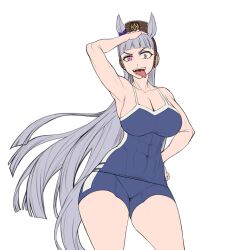 Rule 34 | 1girl, abs, animal ears, armpits, blunt bangs, blunt ends, bow, breasts, brown headwear, cleavage, commentary, competition school swimsuit, covered abs, covered navel, cowboy shot, ear bow, fukuro (maruaru00), furrowed brow, gold ship (umamusume), grey hair, hand on own head, hand on own hip, highres, horse ears, horse girl, horse tail, long hair, looking at viewer, open mouth, pac-man eyes, pink eyes, purple bow, school swimsuit, sideboob, simple background, solo, swimsuit, tail, thighs, toned, tongue, tongue out, umamusume, uneven eyes, v-shaped eyebrows, very long hair, white background