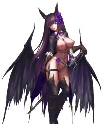 Rule 34 | 1girl, animal ears, bad id, bad pixiv id, bottomless, breasts, cleavage, dagger, gauntlets, hmo11796521, jewelry, knife, long hair, low wings, nipples, pussy, revealing clothes, sheath, sheathed, shrug (clothing), simple background, standing, stomach, sword, tagme, thigh strap, thighhighs, uncensored, very long hair, weapon, white background, wings