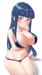 Rule 34 | 1girl, aged up, aimobake, alternate breast size, bad id, bad twitter id, bespectacled, bikini, black bikini, blue hair, blunt bangs, blush, breast hold, breasts, cleavage, commentary request, glasses, half-closed eyes, halterneck, highres, idolmaster, idolmaster cinderella girls, large breasts, long hair, looking at viewer, navel, parted lips, red eyes, rimless eyewear, sajo yukimi, shadow, simple background, sitting, solo, swimsuit, white background