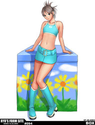 Rule 34 | 1girl, belt, boots, box, brown hair, female focus, flat chest, full body, high heels, pinup (style), ryu (ryu&#039;s form site), shoes, skirt, smile, solo, tank top, white background