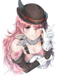 Rule 34 | 1girl, absurdres, bare shoulders, blush, breasts, brown eyes, brown hair, cleavage, gloves, grey scarf, hat, hat feather, heterochromia, highres, long hair, looking at viewer, medium breasts, multicolored hair, neo politan, pink eyes, pink hair, rwby, scarf, smile, solo, split-color hair, tl (xdd), white background, white gloves