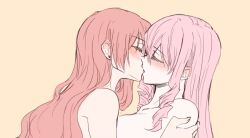 Rule 34 | 2girls, aaaaddddd, akuma no riddle, blush, breasts, closed eyes, commentary, ear blush, earrings, hand on another&#039;s shoulder, highres, inukai isuke, jewelry, kiss, large breasts, long hair, multiple girls, nude, pink hair, red hair, sagae haruki, simple background, stud earrings, upper body, yellow background, yuri