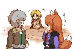 Rule 34 | 00s, animal ears, blonde hair, brown eyes, brown hair, chibi, craft lawrence, hisahiko, holo, nora arento, poverty, seiza, silver hair, sitting, spice and wolf, tail, wolf ears, wolf tail