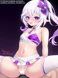 Rule 34 | 1boy, 1girl, artist name, black background, blush, breasts, cheerleader, cowgirl position, crop top, gabriel evangel, genshin impact, girl on top, gradient hair, hair ornament, hetero, highres, looking at viewer, microskirt, millennium cheerleader outfit (blue archive), multicolored hair, nahida (genshin impact), pointy ears, purple eyes, reverse cowgirl position, sex, sex from behind, side ponytail, signature, simple background, skindentation, skirt, sleeveless, small breasts, split, straddling, thighhighs, white hair, white thighhighs