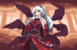 Rule 34 | 1girl, breasts, cloak, demon wings, dress, forest, long hair, long sleeves, mystic square, nature, nukekip, orange background, pantyhose, pink eyes, pixel art, pov, red cloak, red dress, shinki (touhou), silver hair, smile, tagme, thick lips, thighband pantyhose, thighs, touhou, touhou (pc-98), wings