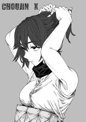 1girl absurdres armpits black_hair breasts choujin_x greyscale highres load_bearing_vest military_uniform mishumi_jugem monochrome otta_ely_(choujin_x) short_hair small_breasts solo tactical_clothes tying_hair