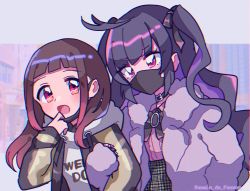 Rule 34 | 2girls, ahoge, arm hug, black bow, black choker, black hair, black jacket, blunt bangs, bow, center frills, chizu ranka, choker, chromatic aberration, city, commentary, covered mouth, finger to own chin, frills, fur jacket, gradient hair, hair down, hand on own hip, hand up, highres, hood, hoodie, houndstooth, jacket, lapels, long hair, looking at another, magia record: mahou shoujo madoka magica gaiden, mahou shoujo madoka magica, mask, mask pull, mouth mask, multicolored hair, multiple girls, ooba juri, open mouth, orange eyes, orange hair, pastel colors, pink shirt, print hoodie, shirt, short bangs, sidelocks, symbol-only commentary, takenoko mgrc, text print, track jacket, twintails, twitter username, upper body, wavy hair, white hoodie, white jacket