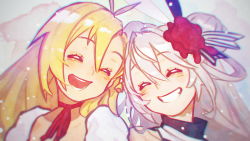 Rule 34 | 2girls, antenna hair, blonde hair, chromatic aberration, closed mouth, commentary, double bun, eleanor forte, english commentary, forehead-to-forehead, grey hair, grin, hair bun, hair ornament, heads together, highres, irarugii, light particles, long hair, multiple girls, neck ribbon, open mouth, red ribbon, ribbon, smile, synthesizer v, tsurumaki maki, upper body, voiceroid