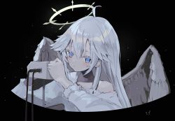 Rule 34 | 1girl, ahoge, angel, black background, blue eyes, closed mouth, colored eyelashes, feathered wings, frown, hair between eyes, halo, highres, indie virtual youtuber, long hair, mashiro rei, retorillo, shirt, solo, virtual youtuber, white hair, white shirt, white theme, wings, wire