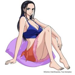 Rule 34 | 1girl, barefoot, black hair, breasts, cleavage, feet, large breasts, long hair, nico robin, official art, one piece, pillow, sitting, solo