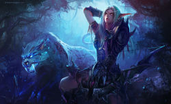Rule 34 | 1girl, animal, bow (weapon), chenbo, elf, forest, long hair, looking at viewer, loque&#039;nahak, nature, night elf (warcraft), pointy ears, warcraft, weapon, world of warcraft