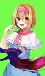Rule 34 | 1girl, alice margatroid, aomori kenmin, blonde hair, blue dress, blush, bois de justice, capelet, commentary request, cookie (touhou), cowboy shot, dies irae, dress, frilled capelet, frilled hairband, frilled neckwear, frills, green background, hair between eyes, hair intakes, hairband, highres, hinase (cookie), looking at viewer, necktie, open mouth, pink sash, red eyes, red hairband, red necktie, sash, shinza bansho series, short hair, simple background, smile, solo, touhou, white capelet