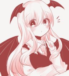 Rule 34 | 1girl, 816 hzk, :t, bad id, bad twitter id, bat wings, finger to mouth, hair between eyes, head wings, highres, index finger raised, koakuma, long hair, looking at viewer, necktie, simple background, solo, touhou, vest, white background, wings