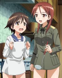 Rule 34 | 2girls, angry, blush, breasts, brown eyes, brown hair, collarbone, medium breasts, military uniform, minna-dietlinde wilcke, miyafuji yoshika, multiple girls, open mouth, red eyes, red hair, small breasts, smile, standing, strike witches, world witches series