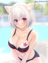 Rule 34 | 1girl, animal ear fluff, animal ears, artist name, bikini, black bikini, blue sky, blurry, blurry background, blush, breasts, cleavage, closed mouth, collarbone, highres, inubashiri momiji, large breasts, looking at viewer, medium breasts, navel, outdoors, poolside, red eyes, shiroi karasu, short hair, sky, smile, solo, stomach, swimsuit, tail, touhou, tree, water, white hair, wolf ears, wolf girl, wolf tail