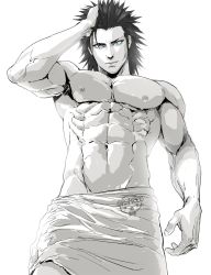 Rule 34 | 1boy, abs, black hair, blue eyes, facial scar, final fantasy, final fantasy vii, final fantasy vii remake, greyscale, hair slicked back, hand in own hair, highres, looking at viewer, male focus, monochrome, muscular, muscular male, navel, pectorals, scar, scar on cheek, scar on face, sideburns, solo, spiked hair, spot color, spykeee, topless male, towel around waist, upper body, watermark, white background, zack fair