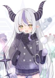 Rule 34 | 1girl, absurdres, adapted costume, black horns, black scarf, black skirt, braid, braided bangs, buttons, coat, commentary request, cowboy shot, demon girl, demon horns, double-breasted, fangs, grey coat, grey hair, hand in pocket, highres, hololive, horns, kyouwashi, la+ darknesss, long hair, miniskirt, mittens, multicolored hair, plaid, plaid scarf, pleated skirt, pointy ears, purple hair, purple horns, purple mittens, scarf, skirt, sleeves past wrists, slit pupils, snow, snowball, snowing, streaked hair, striped horns, tail, very long hair, virtual youtuber, yellow eyes