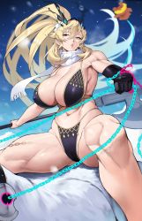 Rule 34 | 1girl, absurdres, aqua eyes, axe, bikini, black bikini, blonde hair, breasts, chain, commentary request, copyright request, barghest (fate), fate/grand order, fate (series), gauntlets, hair between eyes, hair ornament, heterochromia, highres, holding, holding axe, holding chain, holding weapon, huge breasts, large breasts, lips, long hair, muscular, muscular female, navel, parted lips, ponytail, red eyes, riding, scarf, single gauntlet, sitting on animal, solo, swimsuit, tall female, thick thighs, thighs, weapon, white scarf, yoshio (55level)