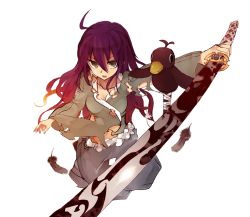 Rule 34 | 1girl, bad id, bad pixiv id, bird, feathers, long hair, looking up, monorino, purple hair, solo, sword, torn clothes, weapon