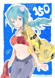 Rule 34 | 1girl, arms at sides, blue background, blue eyes, blue hair, border, breasts, cleavage, commentary request, cowboy shot, facial tattoo, floating hair, headgear, holding, holding clothes, indie virtual youtuber, itopoid, jacket, jacket on shoulders, long hair, looking at viewer, low ponytail, medium breasts, milestone celebration, narrow waist, navel, open mouth, outline, outside border, pants, red sports bra, smile, solo, sports bra, sweat, tattoo, tsukamoto anabone, virtual youtuber, white border, white outline, yellow jacket, yoga pants