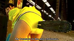 Rule 34 | 1girl, animated, animated gif, asian, ass, bent over, black hair, chainsaw, from behind, looking back, lowres, monster girl, outdoors, pantylines, photo (medium), sentou shoujo, subtitled, what