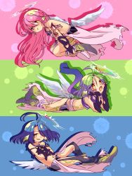 Rule 34 | 3girls, aged down, ahoge, angel wings, artist request, azriel (no game no life), blue hair, blush, commentary request, spiked halo, crop top, feathered wings, gloves, green hair, hair over one eye, halo, highres, jibril (no game no life), long hair, low wings, magic circle, midriff, multicolored eyes, multiple girls, navel, no game no life, open mouth, orange eyes, pink hair, raphael (no game no life), short hair, tattoo, torn clothes, very long hair, white wings, wing ears, wings, yellow eyes