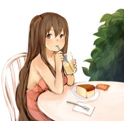 Rule 34 | 1girl, absurdres, blush, brown eyes, brown hair, chair, drink, drinking straw, fork, highres, ice, ice cube, ikoan, long hair, original, solo, sweatdrop, upper body, very long hair, white background